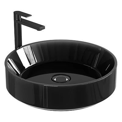 Contemporary Black Round Washbasin With Glossy Surface And Black Faucet For Bathroom 3d model