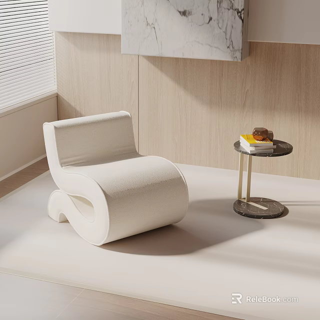 Modern White S shaped Leisure Chair With Side Table Books And Dessert In Living Room 3d model 