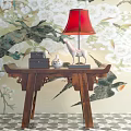 Traditional Console Table With Red Lampshade White Ceramic Horse And Decorative Pieces