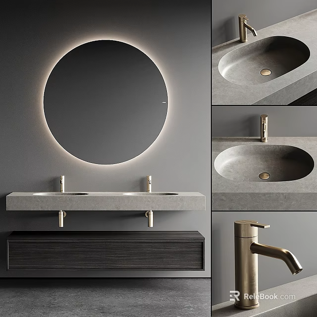 Modern Bathroom Vanity With Lighted Round Mirror Concrete Countertop Gold Faucet And Wooden Cabinet 3d model 