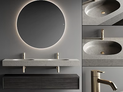Modern Bathroom Vanity With Lighted Round Mirror Concrete Countertop Gold Faucet And Wooden Cabinet 3d model