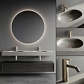 Modern Bathroom Vanity With Lighted Round Mirror Concrete Countertop Gold Faucet And Wooden Cabinet