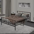 Double Bed With Metal Frame Beige Comforter Gray Pillows Curtains And Window Seat