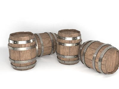 Four Wooden Barrels With Metal Hoops And Natural Wood Texture 3d model