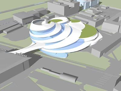Modern Spiral Shaped Building Architecture In Urban Area With Green Top And Surrounding Structures 3d model