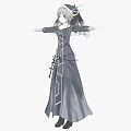 Woman In Gray Long Dress With White Line Decorations And Sword At Waist