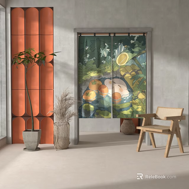 Artistic Curtain With Fruit And Leaf Pattern In Cozy Indoor Room With Furniture And Plants 3d model 