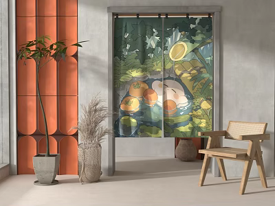 Artistic Curtain With Fruit And Leaf Pattern In Cozy Indoor Room With Furniture And Plants 3d model