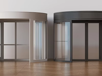 Silver And Black Revolving Glass Doors With Wooden Floor And White Wall 3d model