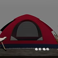 Red Camping Tent with Blue Base and Mesh Window Near White Chair and Slippers