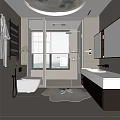 Modern Bathroom Interior With Glass Shower Partition Large Window Vanity And Toilet
