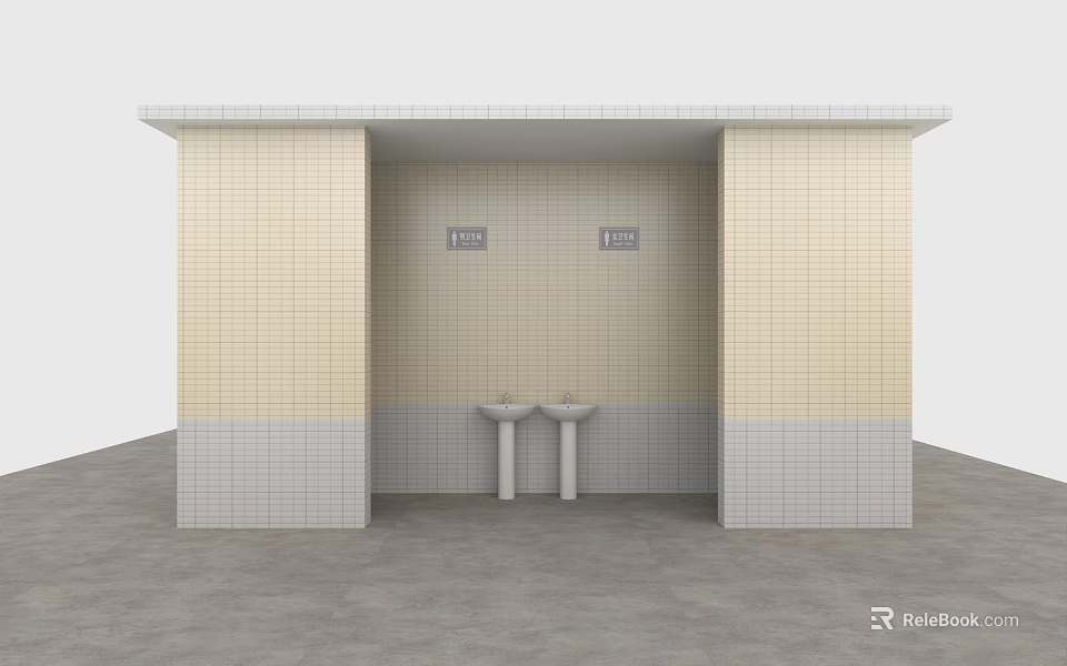 Public Restroom Interior With Men Women Signs Two Washbasins Tile Walls And Concrete Floor 3d model 