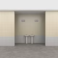 Public Restroom Interior With Men Women Signs Two Washbasins Tile Walls And Concrete Floor