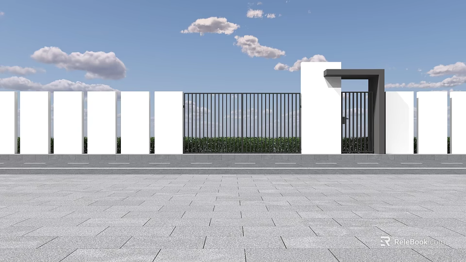 Modern Fence Design With White Pillars Black Metal Bars And Blue Sky Background 3d model 