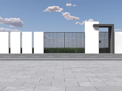 Modern Fence Design With White Pillars Black Metal Bars And Blue Sky Background 3d model