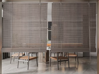 Gray Blinds in Modern Minimalist Open Space With Dining Table And Chairs 3d model