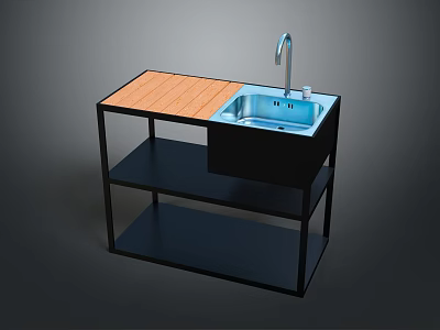 Modern Dining Table With Wooden Tabletop Black Frame Sink And Multiple Shelves 3d model