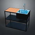 Modern Dining Table With Wooden Tabletop Black Frame Sink And Multiple Shelves