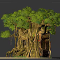 Enchanting Treehouse Design With Large Tree Roots Staircase Slide And Green Leaves