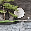 Black Wavy Pattern Feature Wall with Circular Moon Decoration Pine Tree Rocks and Small Fountain 3d model