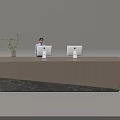 Modern Reception Desk Interior With Receptionist Computers Green Plant Wooden Design And Marble Base
