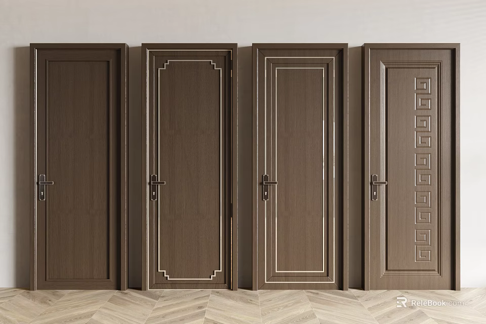 Multiple Brown Wooden Hinged Doors With Different Decorative Patterns And Lines 3d model
