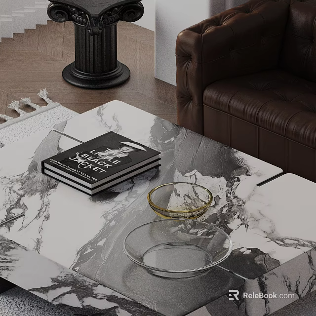 Brown Leather Sofa and Coffee Table Set With Marble Pattern Top and Glass Tray 3d model 