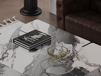 Brown Leather Sofa and Coffee Table Set With Marble Pattern Top and Glass Tray 3d model