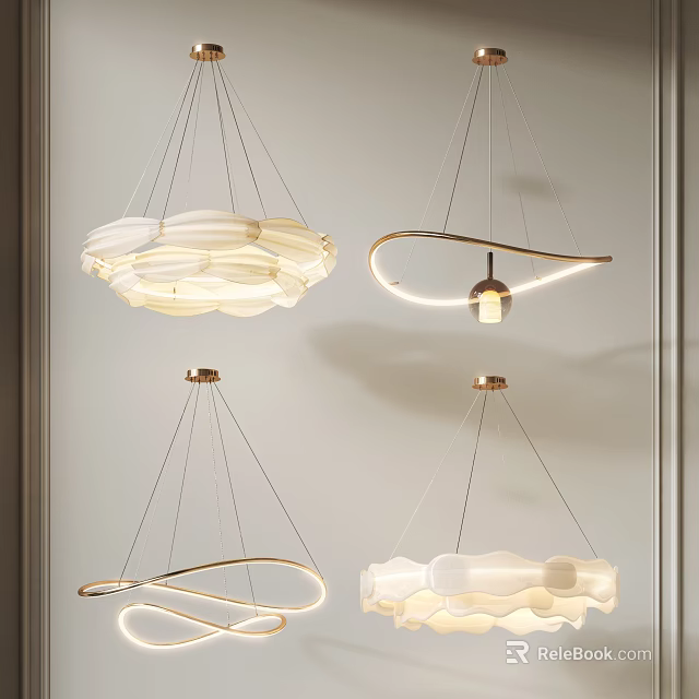 Modern Decorative Pendant Lighting Combination With Curved And Petal Shaped White Shades 3d model 