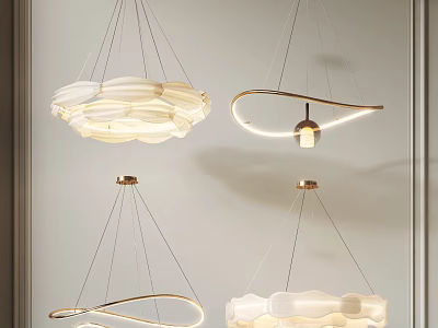Modern Decorative Pendant Lighting Combination With Curved And Petal Shaped White Shades 3d model