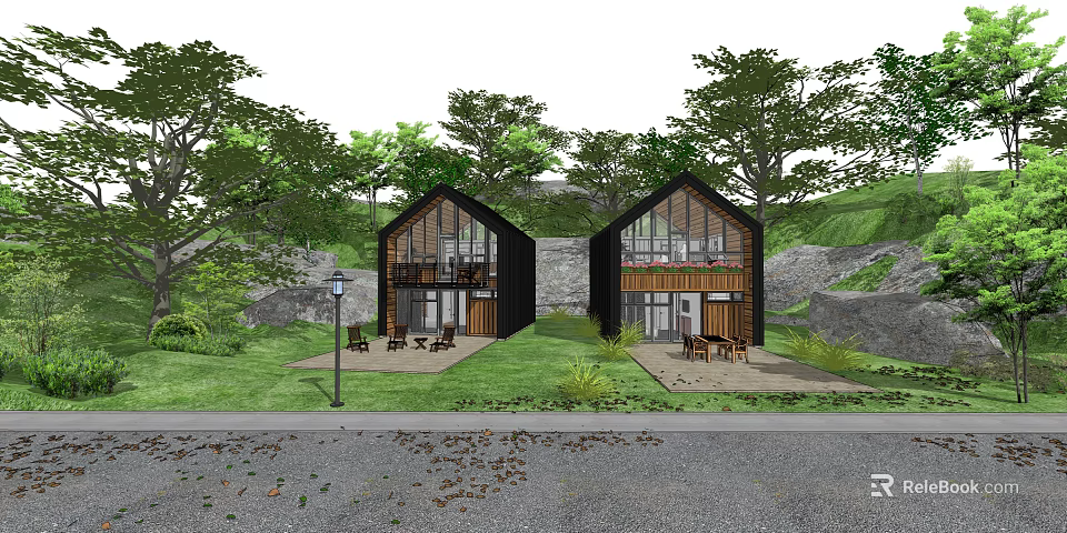 Modern Detached Villa with Large Glass Windows Surrounding Trees and Outdoor Courtyard 3d model 