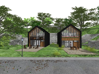 Modern Detached Villa with Large Glass Windows Surrounding Trees and Outdoor Courtyard 3d model