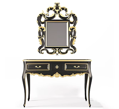 Elegant Black And Gold Dressing Table With Ornate Mirror And Decorative Details 3d model