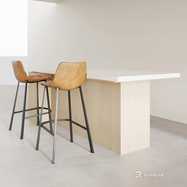 Two Brown Leather Bar Stools With Black Metal Legs By Light Wooden Counter 3d model 