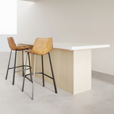 Two Brown Leather Bar Stools With Black Metal Legs By Light Wooden Counter 3d model