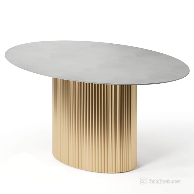 Modern Oval Dining Table With Gray Sleek Tabletop And Gold Ribbed Base 3d model 