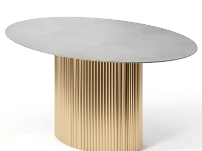 Modern Oval Dining Table With Gray Sleek Tabletop And Gold Ribbed Base 3d model
