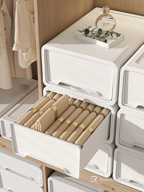 White Wardrobe Drawers With Neatly Organized Rolled Clothes And Storage Straps 3d model 
