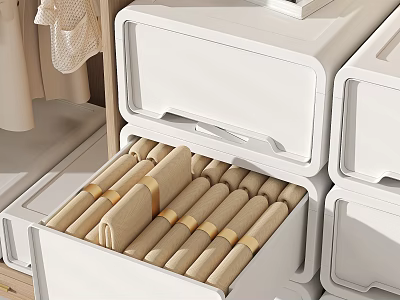 White Wardrobe Drawers With Neatly Organized Rolled Clothes And Storage Straps 3d model