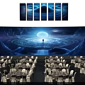 Grand Event Stage Venue With Large Screens Circular Patterns Blue Lighting Dining Tables And Chairs