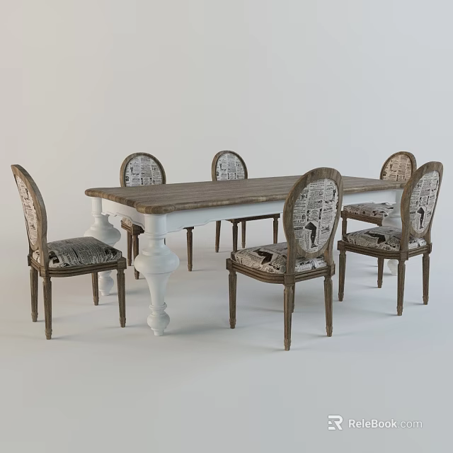 Rustic Dining Table Set With Wooden Top White Legs And Patterned Chairs 3d model