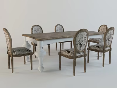 Rustic Dining Table Set With Wooden Top White Legs And Patterned Chairs 3d model