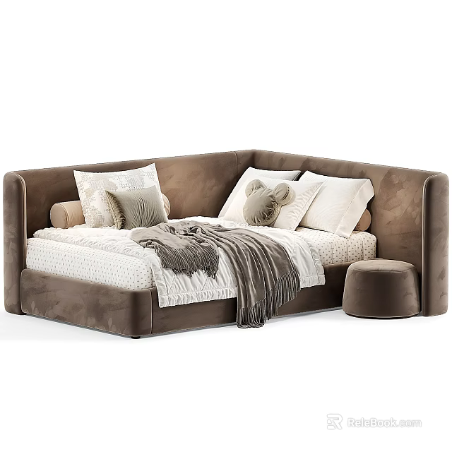 Modern Brown Sectional Sofa with Throw Pillows Throw Blanket and Ottoman 3d model