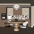 Modern Restaurant Interior With Wooden Cabinets Marble Backsplash And Round Dining Table 3d model