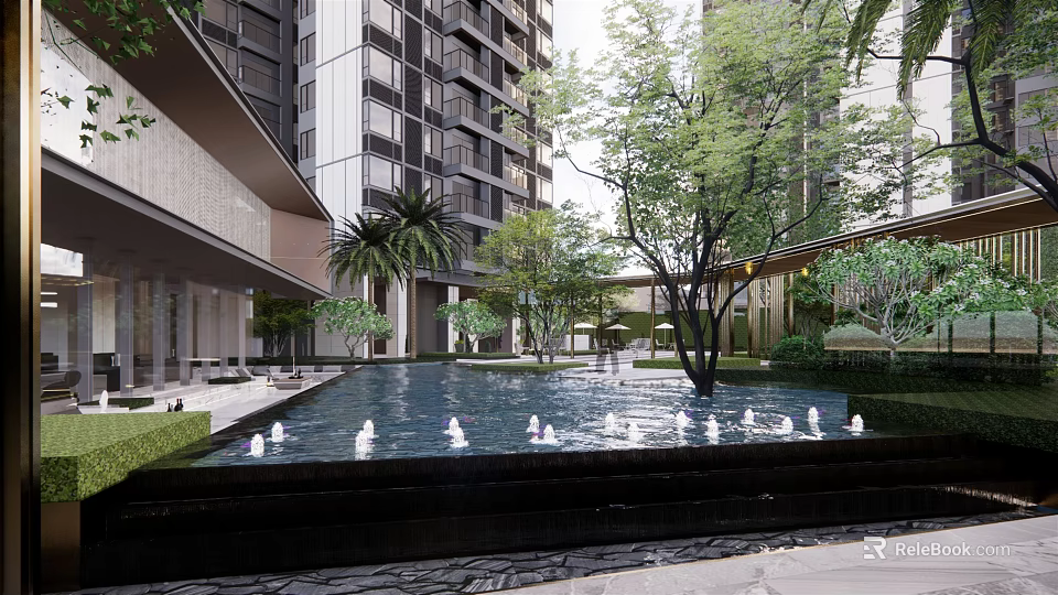 Modern High Rise Residential Landscape With Pool White Swan Sculptures And Green Trees 3d model 