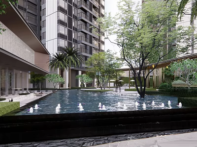 Modern High Rise Residential Landscape With Pool White Swan Sculptures And Green Trees 3d model