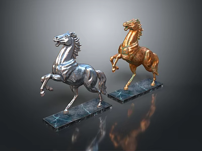 Standing Horse Statues in Silver and Gold with Marble Base 3d model Standing Horse Statues in Silver and Gold with Marble Base 3d model