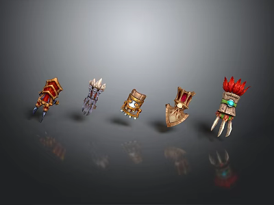 Unique Game Weapons With Decorative Spiked Red Golden Gemstone And Claw Designs 3d model