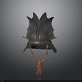 Ancient Warrior Helmet As Traditional Weapon With Metallic Leaf Patterns And Orange Cord