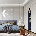 Kids Bedroom Interior With Moon Star Decor Stuffed Toys Bed Rug And Bookshelf